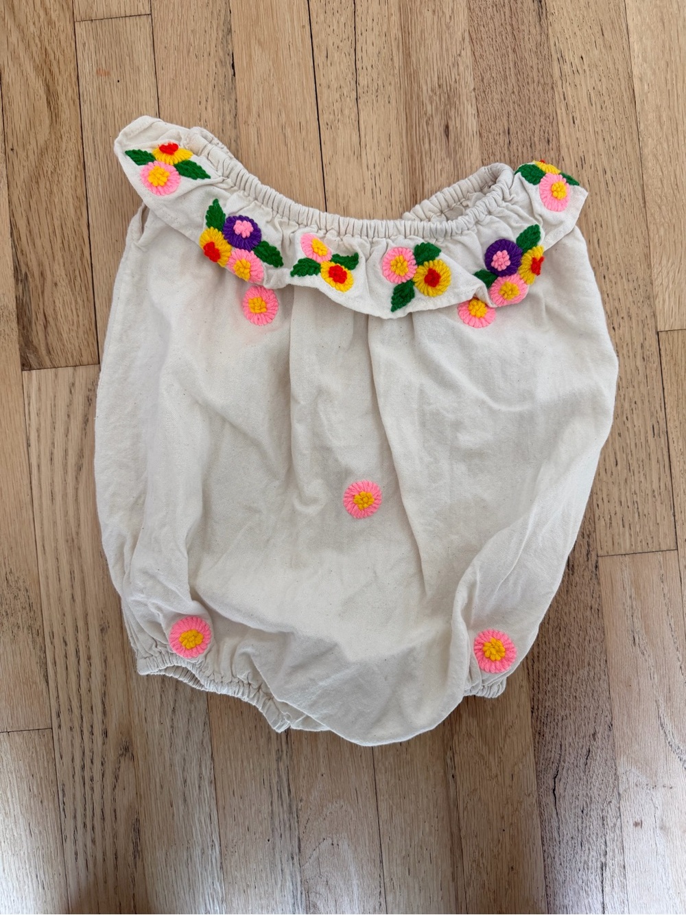 Kids Floral Embroidered Cream Ruffle Onesie 2T